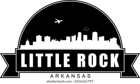 Black and white Little Rock Arkansas buildings skyline negative air space silhouette dome shaped emblem with scroll banner below and name text inside. Vector eps graphic design.