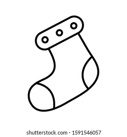 Black and white little simple linear icon of a beautiful festive New Year Christmas sock for gifts that are hung on a fireplace on a white background. Vector illustration.