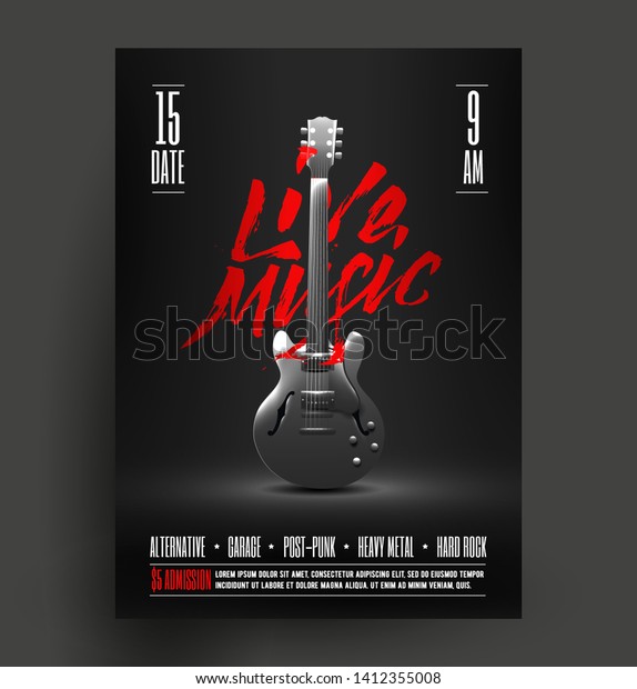 白黒のライブ音楽イベント コンサート 音楽祭のプロモーションポスター チラシ バナー広告テンプレート クラシックギターのポスター ベクターイラスト のベクター画像素材 ロイヤリティフリー