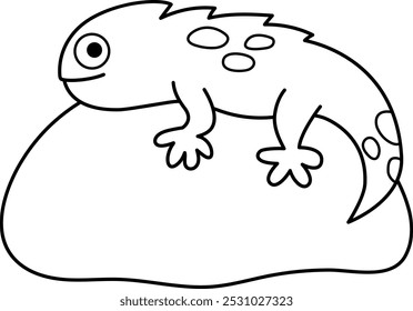 Lagarto blanco y negro acostado en la roca. Divertida ilustración animal aislado sobre fondo blanco. Línea icono de reptil. Exótico camaleón tropical Clipart o página para colorear para niños
