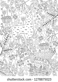 Black and white llama and Raccoon in jungle pattern. Vector illustration.