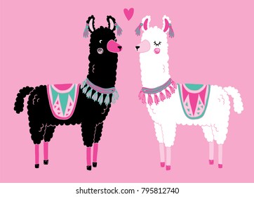 A black and white llama standing looking at each other. Cute vector illustration. 