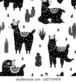 Black and white llamas seamless pattern. Cute alpacas background in Scandinavian style. Vector illustration