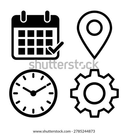 Black and white location calendar gear and clock icons set