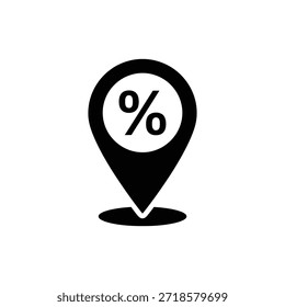 Pin de mapa de ubicación en blanco y negro con icono de descuento porcentual