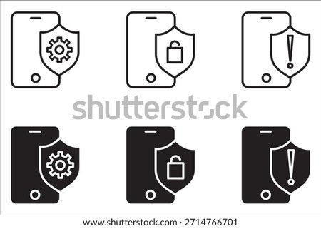 Black and White Locked Phone Icon Set, Smartphone Security Symbol, Vector Design, Editable