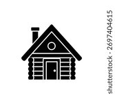 Black and white log cabin icon for camping and forest lodging