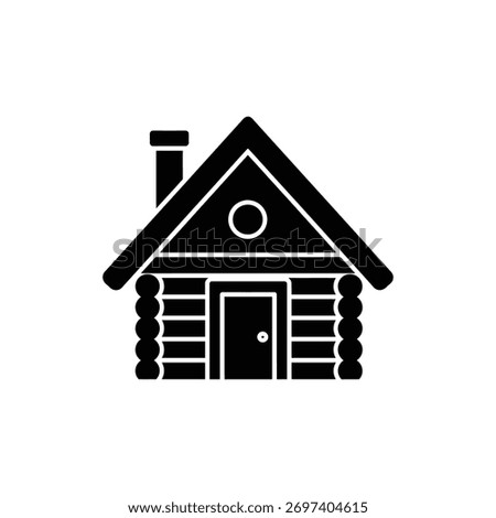 Black and white log cabin icon for camping and forest lodging