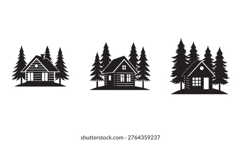 Black and white log cabins with trees silhouette illustrations for design and decoration purposes
