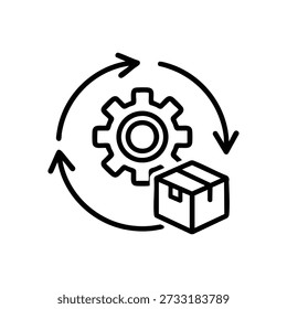 Schwarz-weißes Logistikprozesssymbol mit Getriebe und kreisförmigen Pfeilen für Lagerverwaltung und Lieferkette