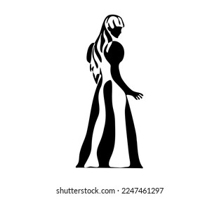black and white logo of abstract portrait of a girl without faces in an old long dress, standing with her back half turned