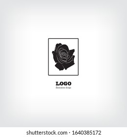 Black and white logo of an abstract rose bud