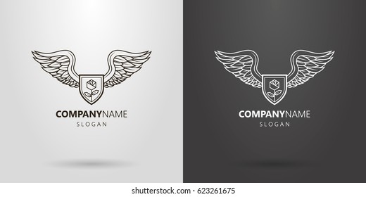 Black and white logo with an abstract rose on a shield