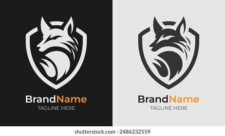 Black and white logo with an angry fox head backed by a shield. Ideal for creating a strong and aggressive brand identity