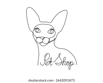 Black and white logo for an animal store, pet shop, sphinx cat face. One line handwritten font, continuous single sketch