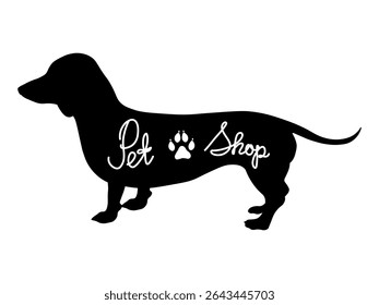 Logotipo preto e branco para uma loja de animais, pet shop, Shadow dog dachshund. Fonte manuscrita de uma linha, esboço simples contínuo