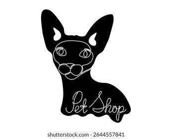 Logotipo preto e branco para uma loja de animais, pet shop, rosto de gato esfinge. Fonte manuscrita de uma linha, esboço simples contínuo