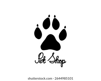 Logotipo preto e branco para uma loja de animais, pet shop, impressão de pata de sombra. Fonte manuscrita de uma linha, esboço simples contínuo