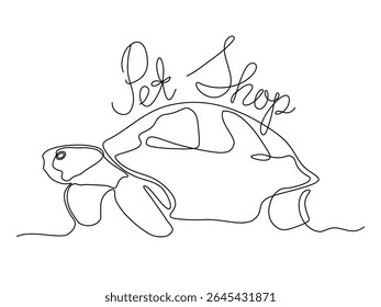 Logotipo preto e branco para uma loja de animais, pet shop, tartaruga. Fonte manuscrita de uma linha, esboço simples contínuo
