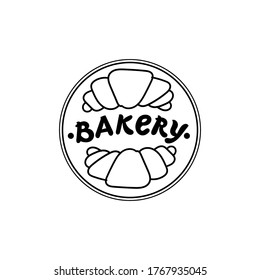 
Logo en blanco y negro de la panadería en forma de sello redondo con dos croissants y una carta con el nombre. Uso para publicidad, menús, empaque, diseño web, publicidad, marca.