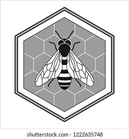 Black and white logo with a bee and a hive to promote a quality honey.