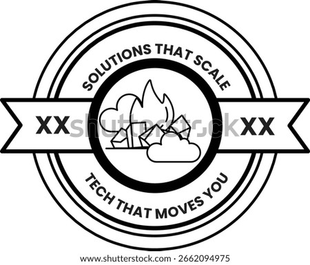 A black and white logo with a white border and a white circle in the middle. The circle has a fire and a cloud in it. The logo says "Solutions that Scale Tech that Moves You"