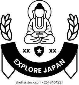 A black and white logo with a Buddha statue sitting cross legged and a star in the middle