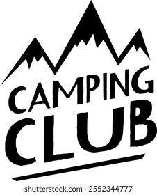 Logotipo preto e branco para um clube de camping com picos estilizados de montanha e tipografia arrojada promovendo aventuras ao ar livre e camaradagem