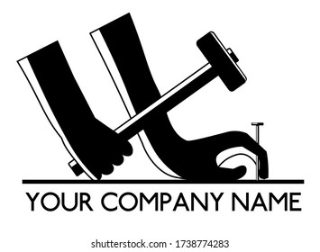 logotipo en blanco y negro para taller de carpintería o negocio de la madera. jack de todos los oficios manos machos martillo clavo