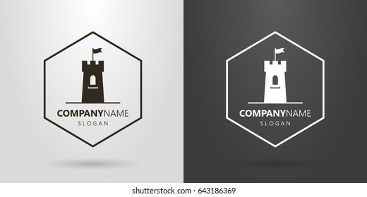 Black and white logo of the castle tower with a flag in a hexagon frame
