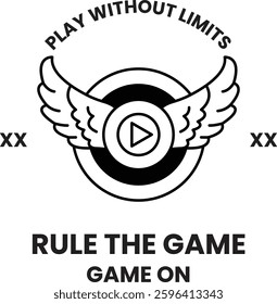 A black and white logo with a white circle and two wings. The logo says "Rule the Game" and "Play Without Limits"