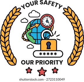 Logo en blanco y negro con un reloj y una llave. El logo dice "Su seguridad es nuestra prioridad"