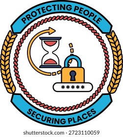 Un logo en blanco y negro con un reloj y un candado. El logo se titula "Proteger Personas, asegurar lugares"