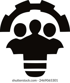 A black and white logo for a company or service that features three people in the center with gears behind them.