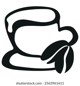 black and white logo of a cup with a saucer with coffee and coffee beans next to it drawn with an original and unusual outline