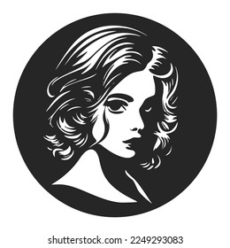 Black and white logo depicting a beautiful and sophisticated woman. Minimalist style with clean lines and a simple yet effective design.