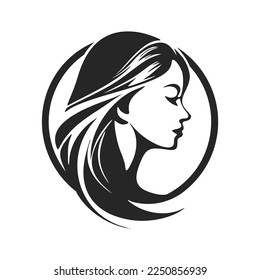 Black and white logo depicting a beautiful and sophisticated girl. Elegant style with a sophisticated and sophisticated look.