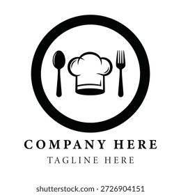 Diseño de logotipo en blanco y negro con cuchara y tenedor de sombrero de chef en círculo para identidad de marca de restaurante o negocio de alimentos