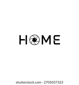 Schwarz-weißes Logo-Design mit dem Wort "home" und einer Kameraöffnung, die den Buchstaben o ersetzt