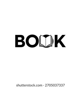 Diseño de logotipo en blanco y negro con el libro de palabras con un icono de libro abierto que reemplaza la letra o