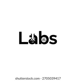 Diseño de logotipo en blanco y negro con los laboratorios de palabras con iconos de ciencia integrados en las letras