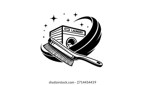 Um logotipo preto e branco com uma máquina de lavar roupa e uma escova de limpeza, rodeado por formas e estrelas abstratas, simbolizando serviços de limpeza e lavandaria.