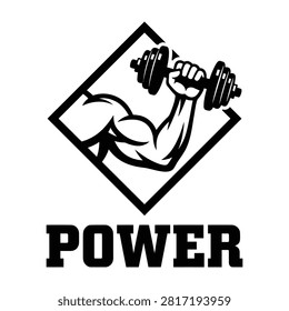 Black and white logo design featuring a muscular arm lifting a heavy dumbbell inside a diamond shape with the bold word Power underneath for fitness brand identity.