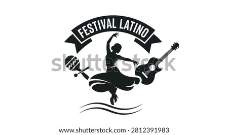 Black and white logo design for a Latino festival featuring a dancing woman silhouette accompanied by a guitar and maracas