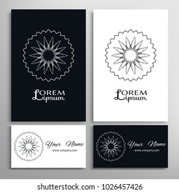 Black and white logo design, mandala round ornament. Business cards set. Geometric symbol, stylized floral line pattern. Isolated design elements for icon, label, emblem. Tribal 