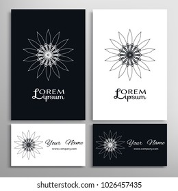 Black and white logo design, mandala round ornament. Business cards set. Geometric symbol, stylized floral line pattern. Isolated design elements for icon, label, emblem. Tribal 