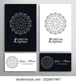 Black and white logo design, mandala round ornament. Business cards set. Geometric symbol, stylized floral line pattern. Isolated design elements for icon, label, emblem. Tribal 