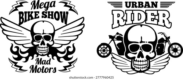 Black and white logo design of motorcycle show and urban rider biker club
