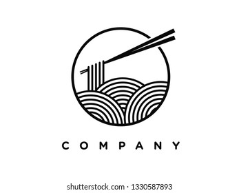 black and white logo design noodle in circle.