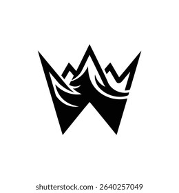 Black and white logo design, stylized W, mountain peaks, and trees.